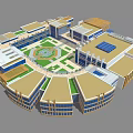 Cartoon Scene of Round Building Complex With Central Green Courtyard and Multi story Blue Windows