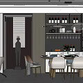 Modern Restaurant Interior Design With Dining Table Chairs Wine Rack And Hanging Lights 3d model