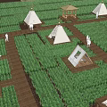Garden Landscape in Green Fields with White Conical Tents Wooden Walkways Pavilion and People Walking