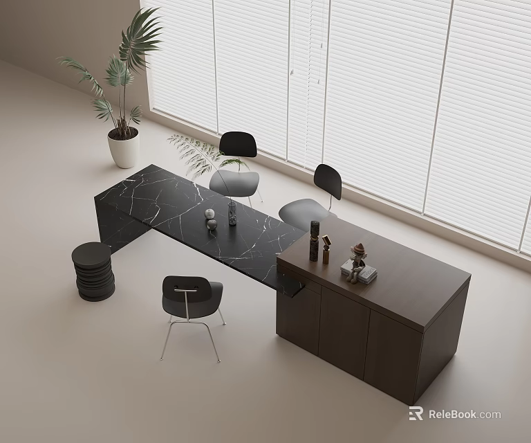 Modern Interior Design With Black Marble Island Chairs Dark Cabinets Window Blinds And Plant 3d model 
