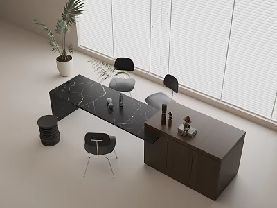 Modern Interior Design With Black Marble Island Chairs Dark Cabinets Window Blinds And Plant 3d model