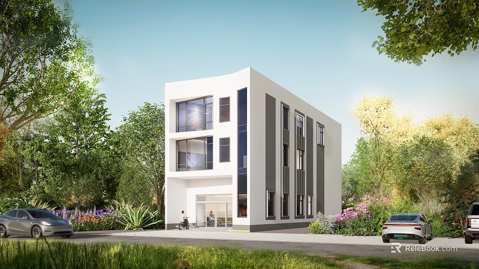 Modern Detached House With White Exterior Large Windows And Lush Greenery 3d model 