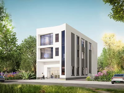 Modern Detached House With White Exterior Large Windows And Lush Greenery 3d model