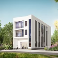 Modern Detached House With White Exterior Large Windows And Lush Greenery