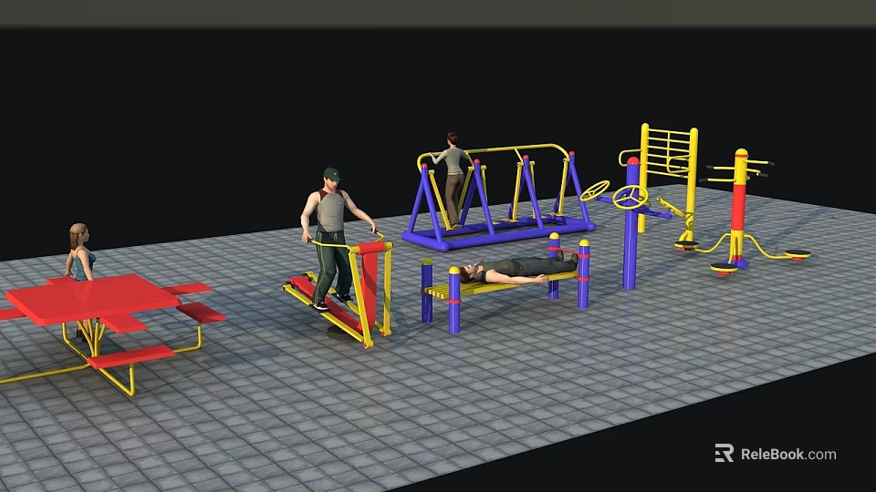 Outdoor Fitness Area With People Exercising On Various Equipment And Red Benches 3d model 