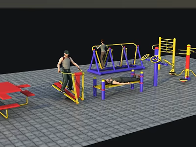 Outdoor Fitness Area With People Exercising On Various Equipment And Red Benches 3d model