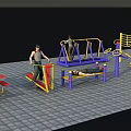 Outdoor Fitness Area With People Exercising On Various Equipment And Red Benches