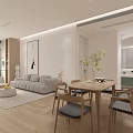 Modern Minimalist Dining Living Room With Wooden Cabinets Dining Table And Natural Light