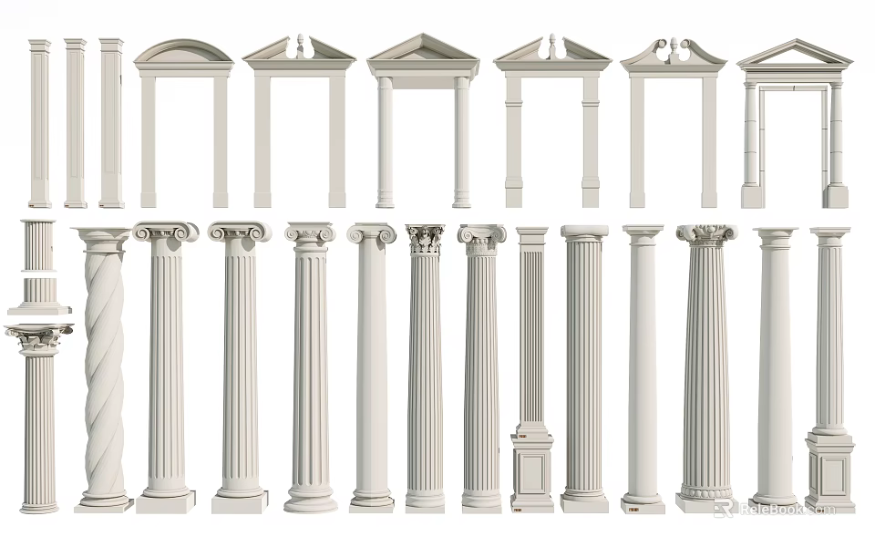 Classical Roman Columns Featuring Various Architectural Styles And Ornate Capitals 3d model