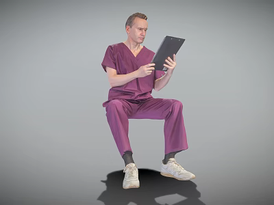 Professional Man in Purple Medical Scrubs Sitting Using Digital Tablet 3d model