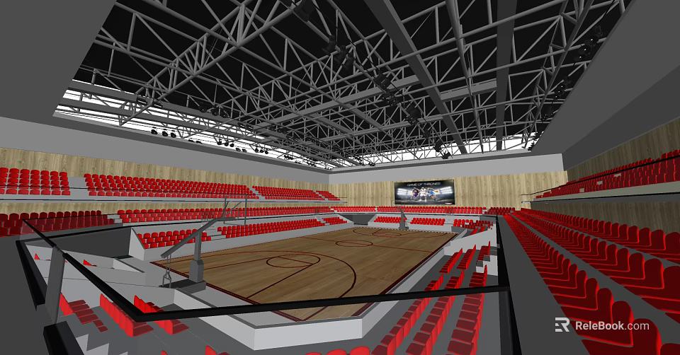Basketball Gymnasium Interior With Red Seats Wooden Floor And Metal Roof Structure 3d model 