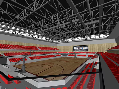 Basketball Gymnasium Interior With Red Seats Wooden Floor And Metal Roof Structure 3d model