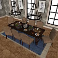 Elegant Dining Table Set With Chairs Decorations Chandeliers Blue Rug And Wall Art