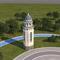Cream Yellow Tower With Domed Top Spire Surrounded By Green Trees Grassland And Paved Pathway
