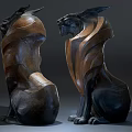Wooden Animal Sculpture Carving Three Sitting Figures With Intricate Textured Details