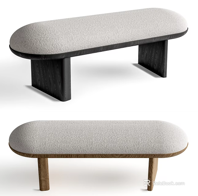 Modern Simple Sofa Bench with Light Gray Fabric Seat and Black Wooden Legs Design 3d model 
