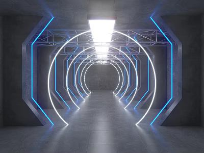 Futuristic Event Passage With Circular Arches Blue White Lights And Modern Gray Walls 3d model