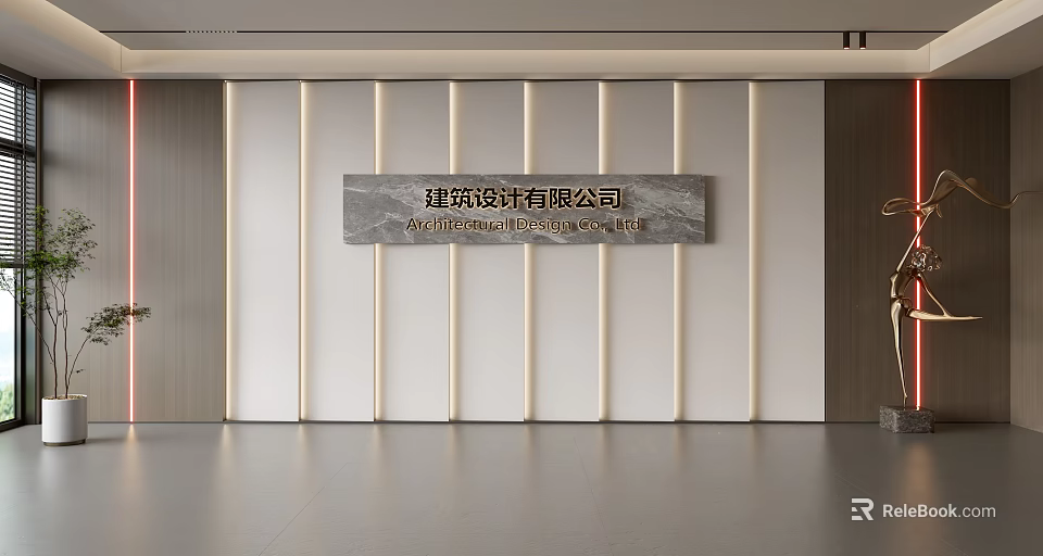 Modern Background Wall With Vertical Lines Architectural Design Company Sign And LED Strip Lights 3d model 