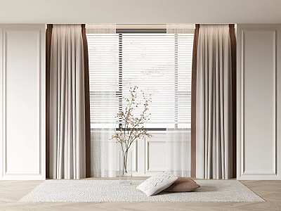 Elegant Light Colored Curtains Interior With Window Blinds White Walls Area Rug And Decorative Cushions 3d model