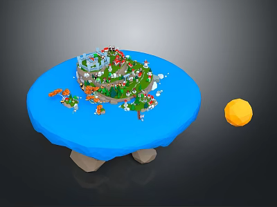 Round Blue Platform Scene With Green Island Buildings Trees Orange Boats And Yellow Sun 3d model