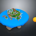 Round Blue Platform Scene With Green Island Buildings Trees Orange Boats And Yellow Sun