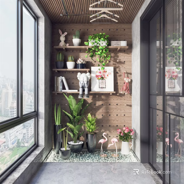 Home Balcony Interior With Green Plants Pegboard Wall Shelves Decorative Figurines And City View Window 3d model 
