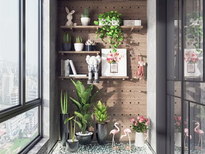 Home Balcony Interior With Green Plants Pegboard Wall Shelves Decorative Figurines And City View Window 3d model