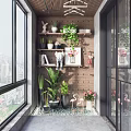 Home Balcony Interior With Green Plants Pegboard Wall Shelves Decorative Figurines And City View Window