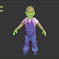 Bald Head Game Character In White T-shirt And Blue Overalls Standing On Dark Background