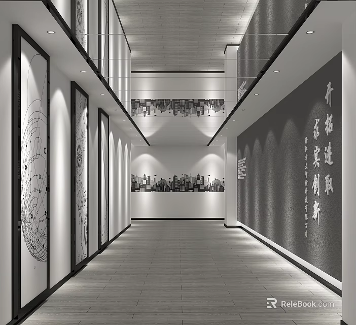 Modern Elevator Corridor Interior Design With Wall Art Recessed Lighting And Sleek Flooring 3d model