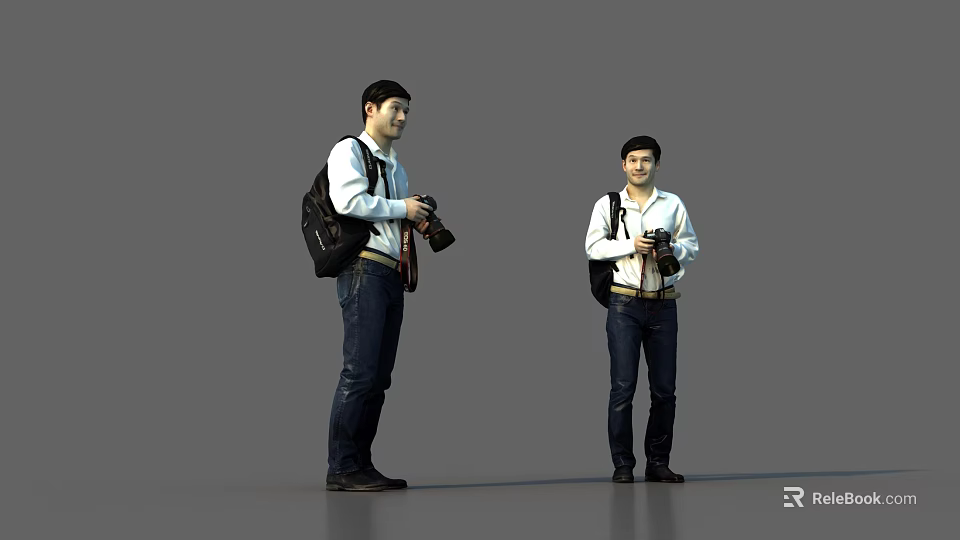 Two Men Wearing White Jackets Blue Jeans Carrying Black Backpacks Holding Cameras Against Grey Background 3d model