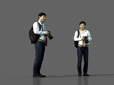 Two Men Wearing White Jackets Blue Jeans Carrying Black Backpacks Holding Cameras Against Grey Background 3d model