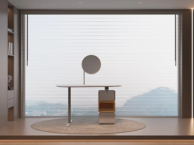 Modern Dressing Table with Round Mirror on Round Rug and Mountain View Through Blinds 3d model