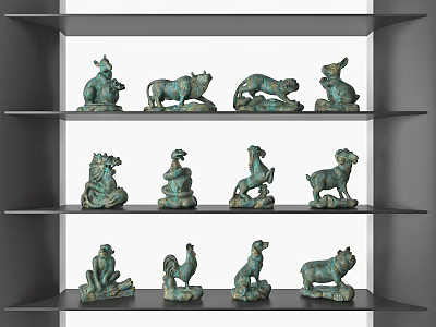 Decorative Ornament Set With Animal Shaped Bronze Colored Figurines Displayed On Multiple Shelves 3d model
