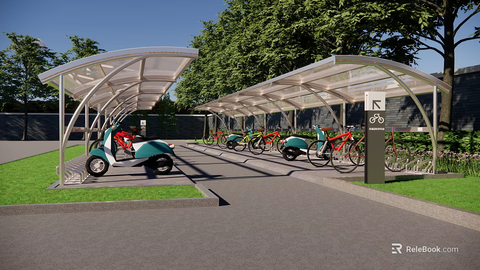 Bicycle and Scooter Shelter for Outdoor Parking with Green Trees and Modern Design 3d model 