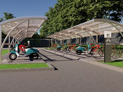 Bicycle and Scooter Shelter for Outdoor Parking with Green Trees and Modern Design 3d model