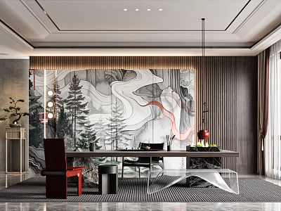 Elegant Modern Tea Room Interior With Mountain River Painting Red Chair And Marble Table 3d model