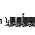 Black Conference Table With Multiple Office Chairs Monitor And Filing Cabinets In Modern Office
