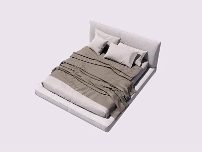 Modern Double Bed with Light Upholstered Headboard Two Pillows and Brown Blanket 3d model