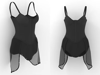 Black Sleeveless Bodysuit With Spaghetti Straps And Sheer Overlay Design 3d model