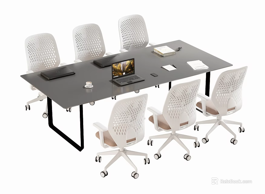 Black Conference Table with White Rolling Chairs and Laptop Documents Cup in Modern Office Setting 3d model 