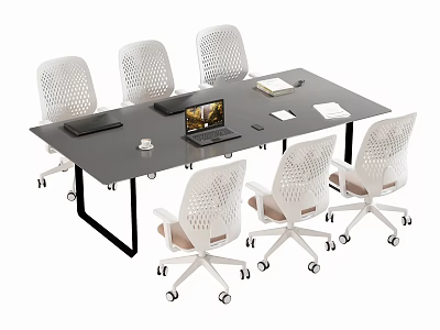 Black Conference Table with White Rolling Chairs and Laptop Documents Cup in Modern Office Setting 3d model