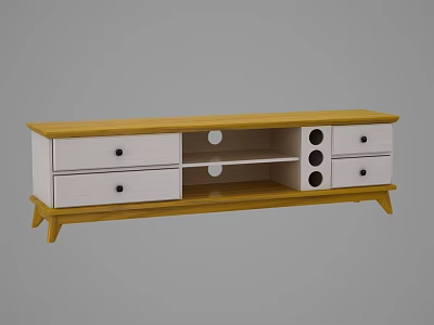 Modern TV Stand Featuring Wooden Top White Cabinet Drawers Open Storage And Short Legs 3d model