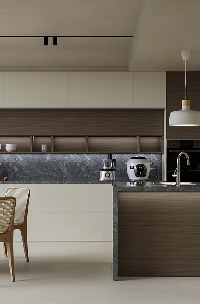 Modern Open Kitchen Interior With Island Counter Pendant Lights And Cabinets 3d model