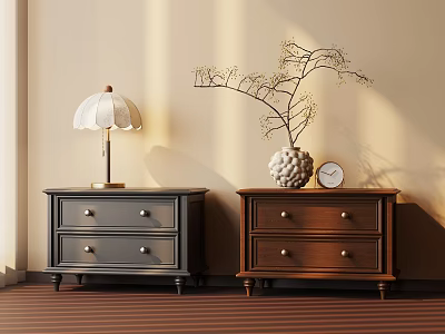 Gray And Brown Wooden Nightstands With White Shade Lamp Decorative Branch And Round Clock 3d model