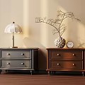 Gray And Brown Wooden Nightstands With White Shade Lamp Decorative Branch And Round Clock