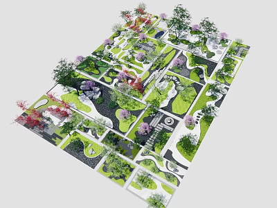 Karesansui Dry Landscape Garden Design With Stone Arrangements Raked Gravel And Green Plants 3d model