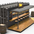Container Bar Building With Wooden Deck Counter High Stools Wine Racks And Lighting 3d model