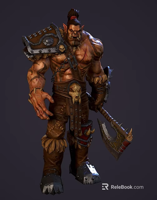 Muscular Game Movie Character Warrior In Leather Armor With Skull Decorations Holding Spiked Axe 3d model 