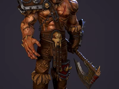 Muscular Game Movie Character Warrior In Leather Armor With Skull Decorations Holding Spiked Axe 3d model
